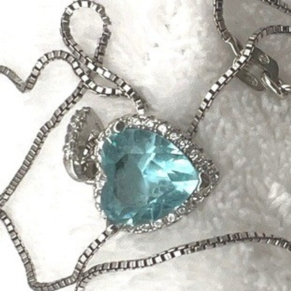 Sterling Silver CZ Necklace‎ Blue Heart Halo Cubic Zirconia - Picture 2 of 14